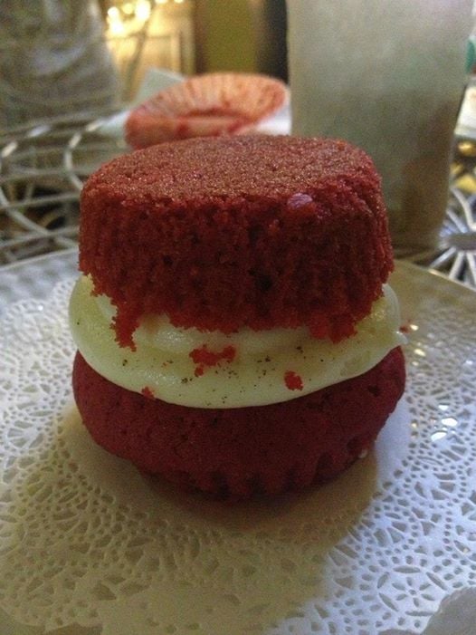 Red velvet whoopie pie with cream cheese filling